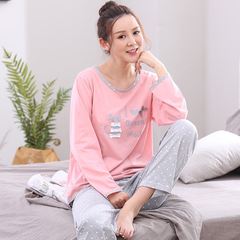 睡衣女秋季长袖纯棉V领加大码春秋全棉休闲缩腿裤脚家居服女套装