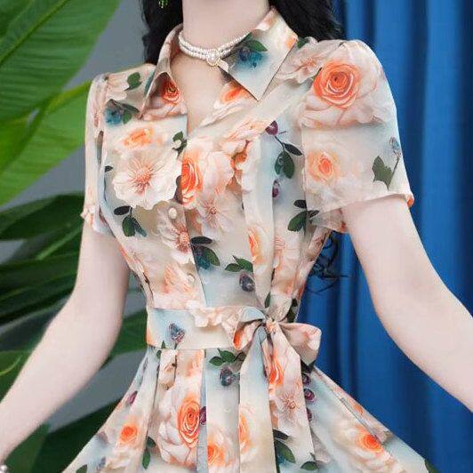 时尚短袖连衣裙女2024夏季新款气质系带收腰显瘦中长休闲印花裙子