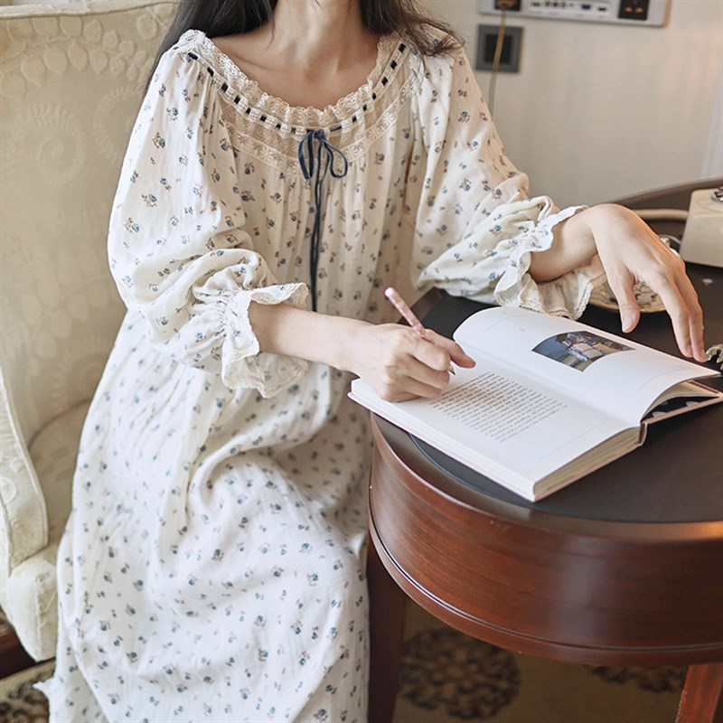 带胸垫碎花纯棉睡裙女中长款法式复古仙I女甜美公主风睡衣家居服