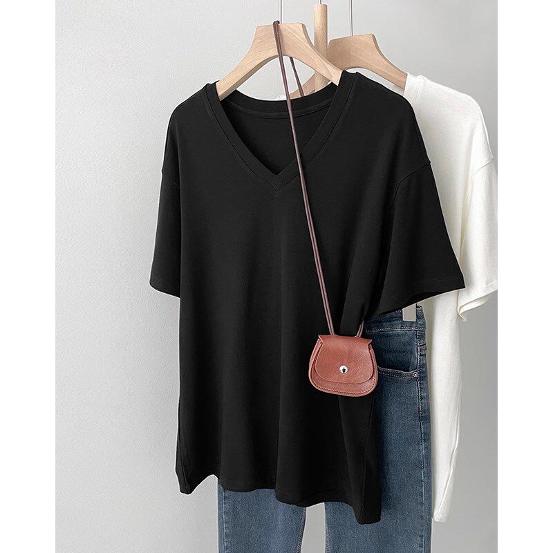 黑色大V领落肩短袖t恤女夏2025新款中长款宽松大版慵懒风体恤上衣