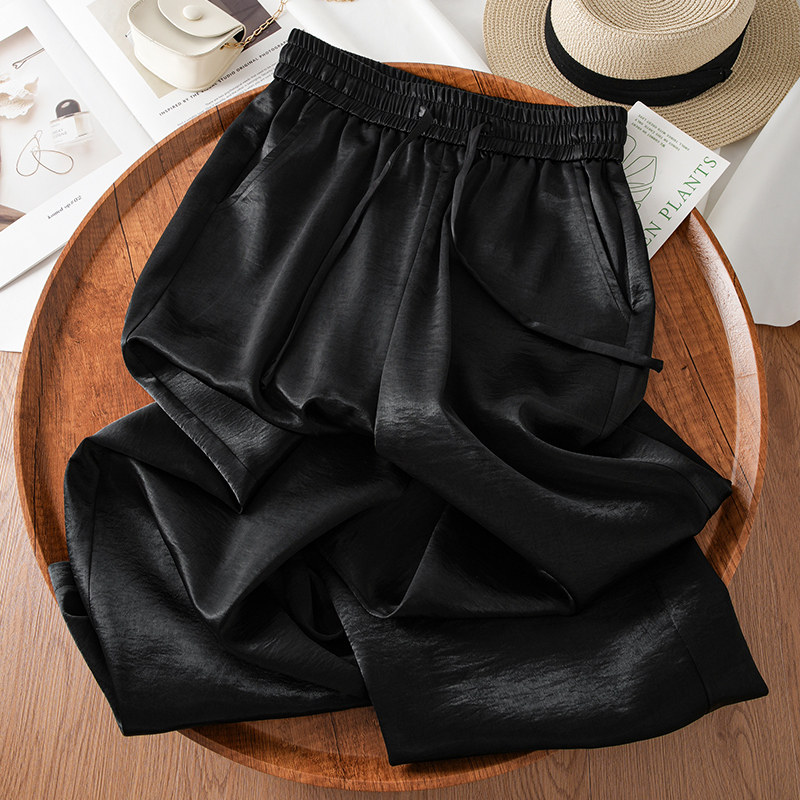 黑色裤子冰丝缎面直筒裤女2025夏季新款松紧高腰显瘦垂感阔腿长裤