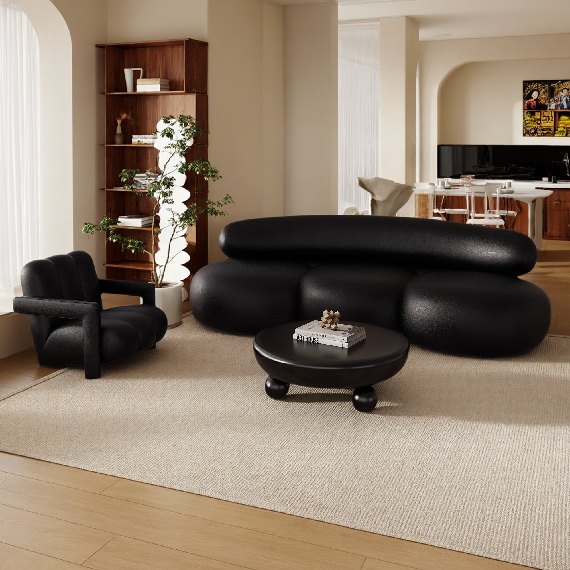 复古黑色弧形沙发客厅小户型设计师款轻奢服装店铺美容院酒店大堂