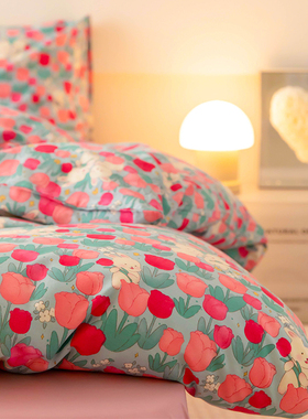 红色郁金香兔子纯棉全棉被套四件套单人宿舍150x200x230c双人被罩