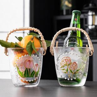手工竹藤编手提果篮玻璃水果盘客厅家用轻奢高档茶几果桶冰桶 日式