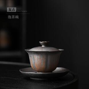 鎏金三才盖碗单杯家用复古陶瓷单个泡茶碗不烫手泡茶器功夫茶具