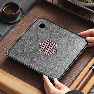 仿乌金瓷石茶盘茶具小型四方茶台储水排水式 中式 干泡台家用茶盘