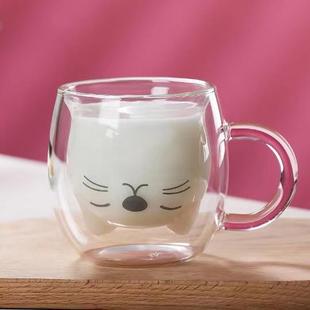 厂家双层玻璃猫咪杯牛奶咖啡果汁杯子家用带把水杯卡通早餐杯