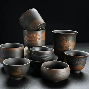 建水紫陶杯垫跳刀茶杯陶瓷品茗杯大号主人杯紫砂茶碗功夫茶具