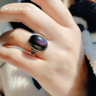 BOX WARAWARA原创设计复古做旧黑曜石银镶戒指小众设计轻奢戒指女