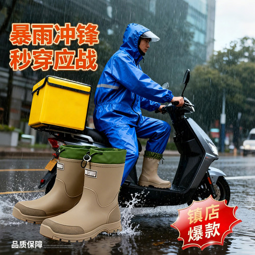 外卖骑手专用雨鞋男款防暴雨防滑耐磨牛筋底雨靴高筒轻便可外穿款