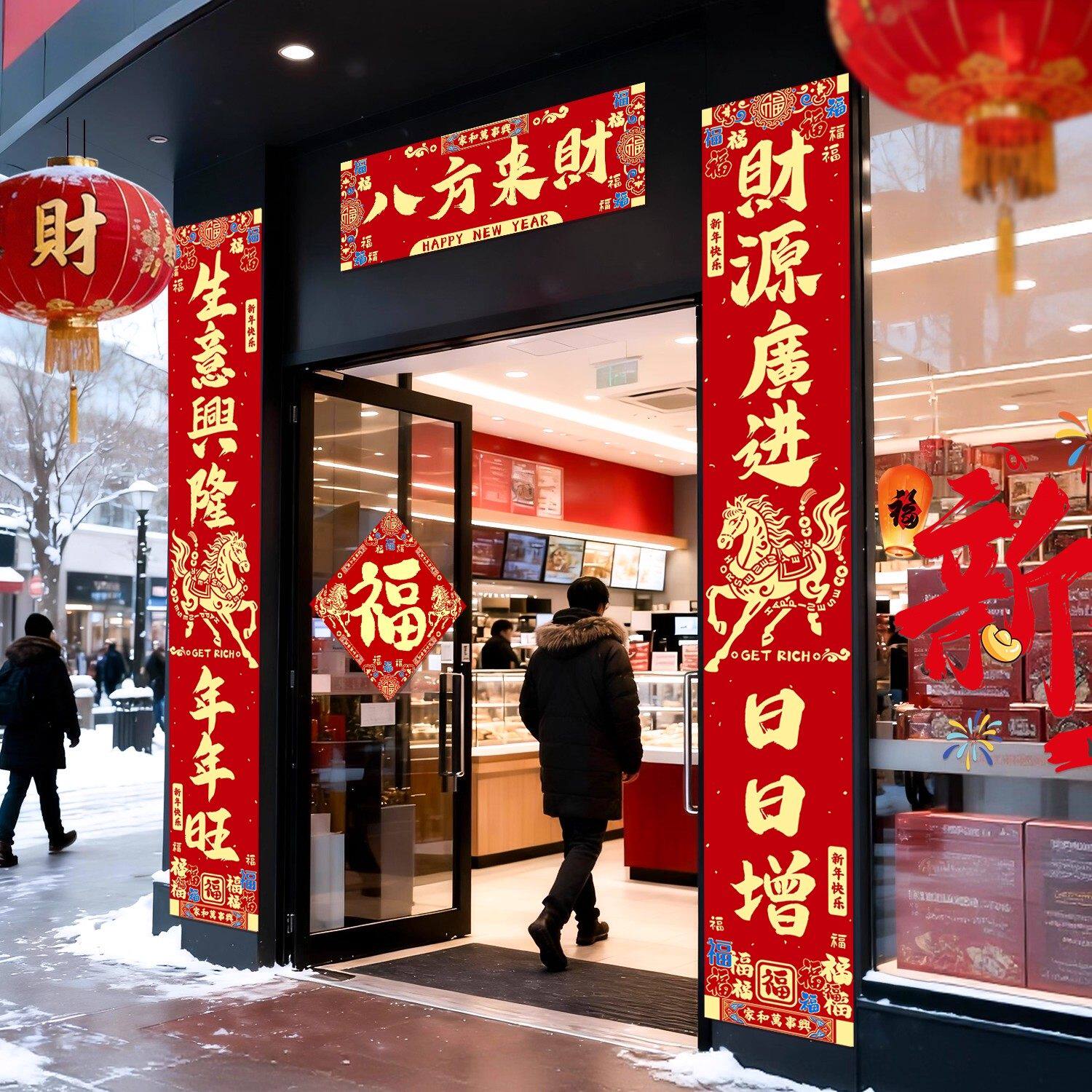 马年2026新年大门对联公司3米加长店铺开业生意兴隆门联防水门贴