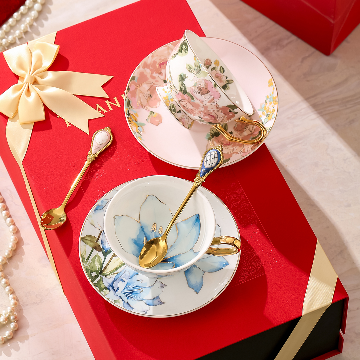 TIFANI欧式时尚花卉咖啡杯礼盒套装新婚杯子玫瑰花情侣一对杯礼物