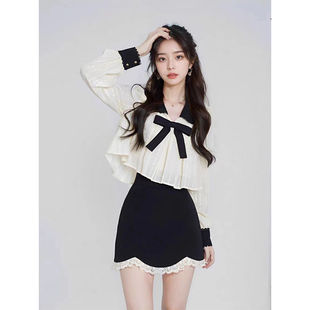 娃娃领杏色衬衫 女秋季 小众法式 高级感蝴蝶结甜美减龄上衣半裙套装