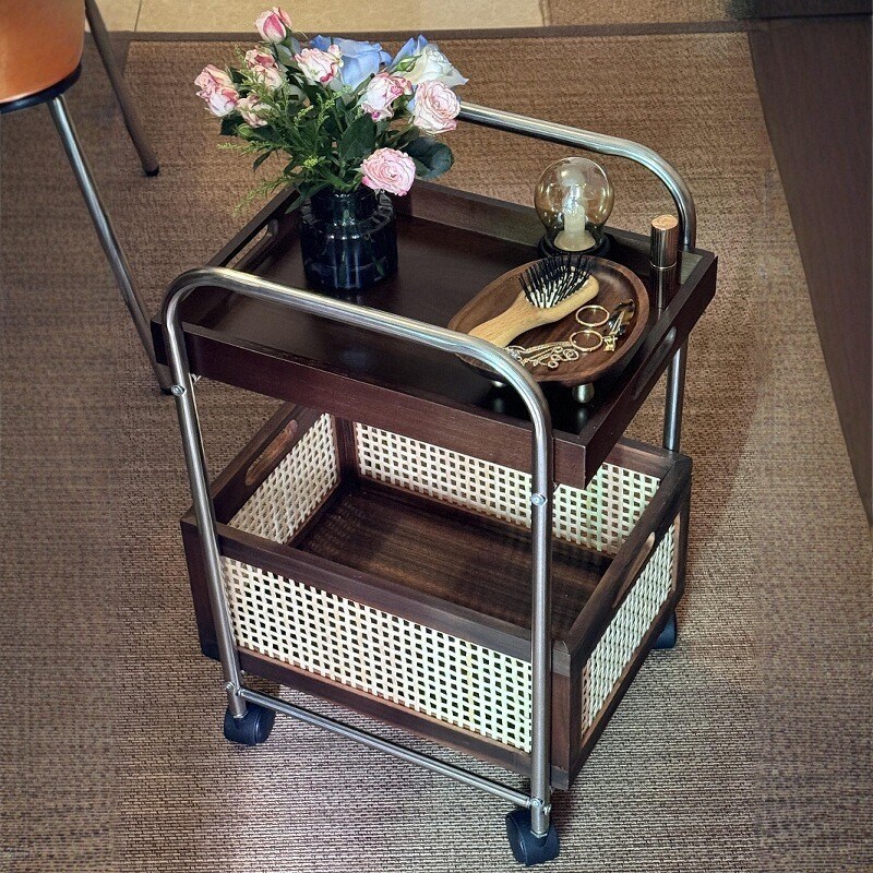 中古小推车可移动边几零食置物架带轮茶几复古藤编储物收纳架实木