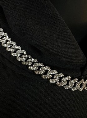 美式街头嘻哈潮流14mm古巴链男痞帅轻奢高级感配饰hiphop镶钻项链