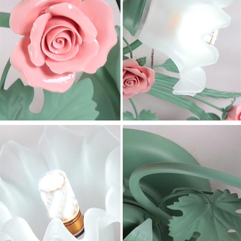 奶油风罗勒绿卧室吸顶灯房间灯果绿色田园玫瑰花女孩房民宿灯具