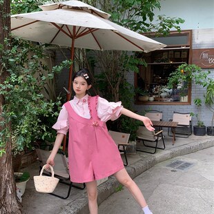 夏日多巴胺粉色牛仔背带短裤套装女新款小个子甜美上衣搭配一整套