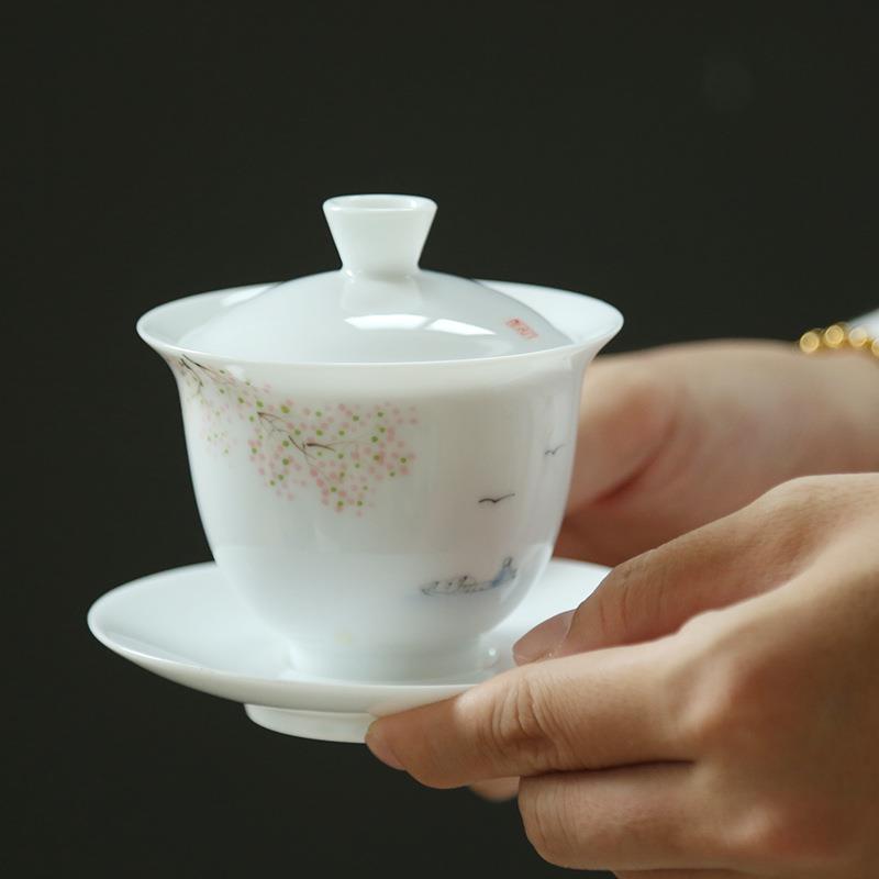 玉泥釉下手绘白瓷中式简约功夫茶具陶瓷三才盖碗大号敬茶杯茶碗
