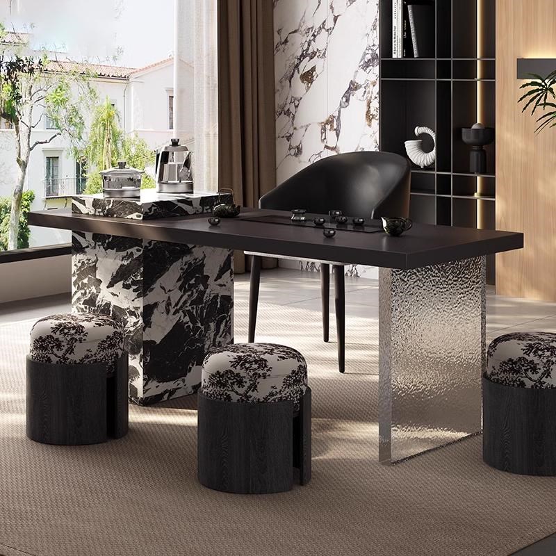 2025新款意式轻奢极简风办公室岩板茶桌家用高级感阳台实木泡茶桌