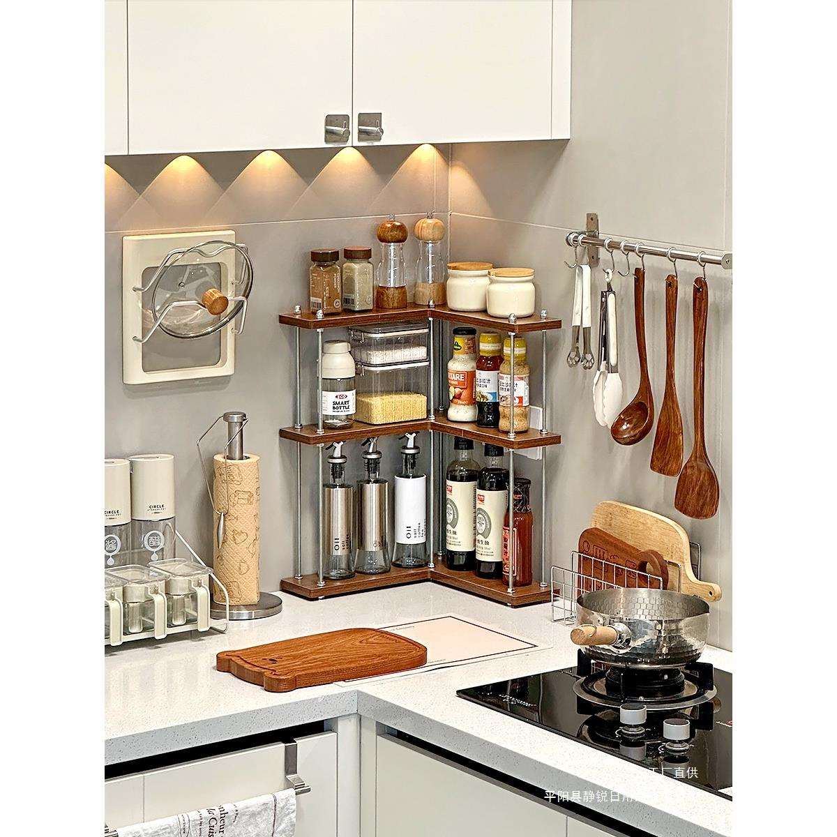 厨房转角置物架木质三角家用台面调味料调料品分层90度L型收纳架