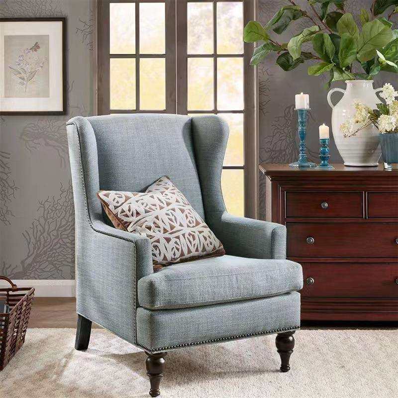 美式复古布艺老虎椅单人木质沙发简约客厅卧室高靠背休闲搭配椅子