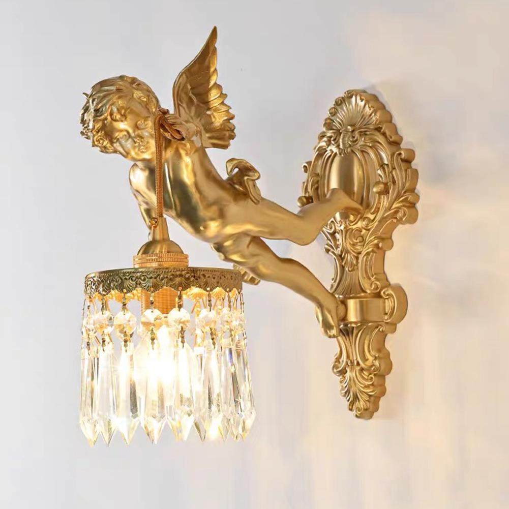 法式全铜天使壁灯中古客厅卧室书房过道装饰墙灯美式复古水晶灯具