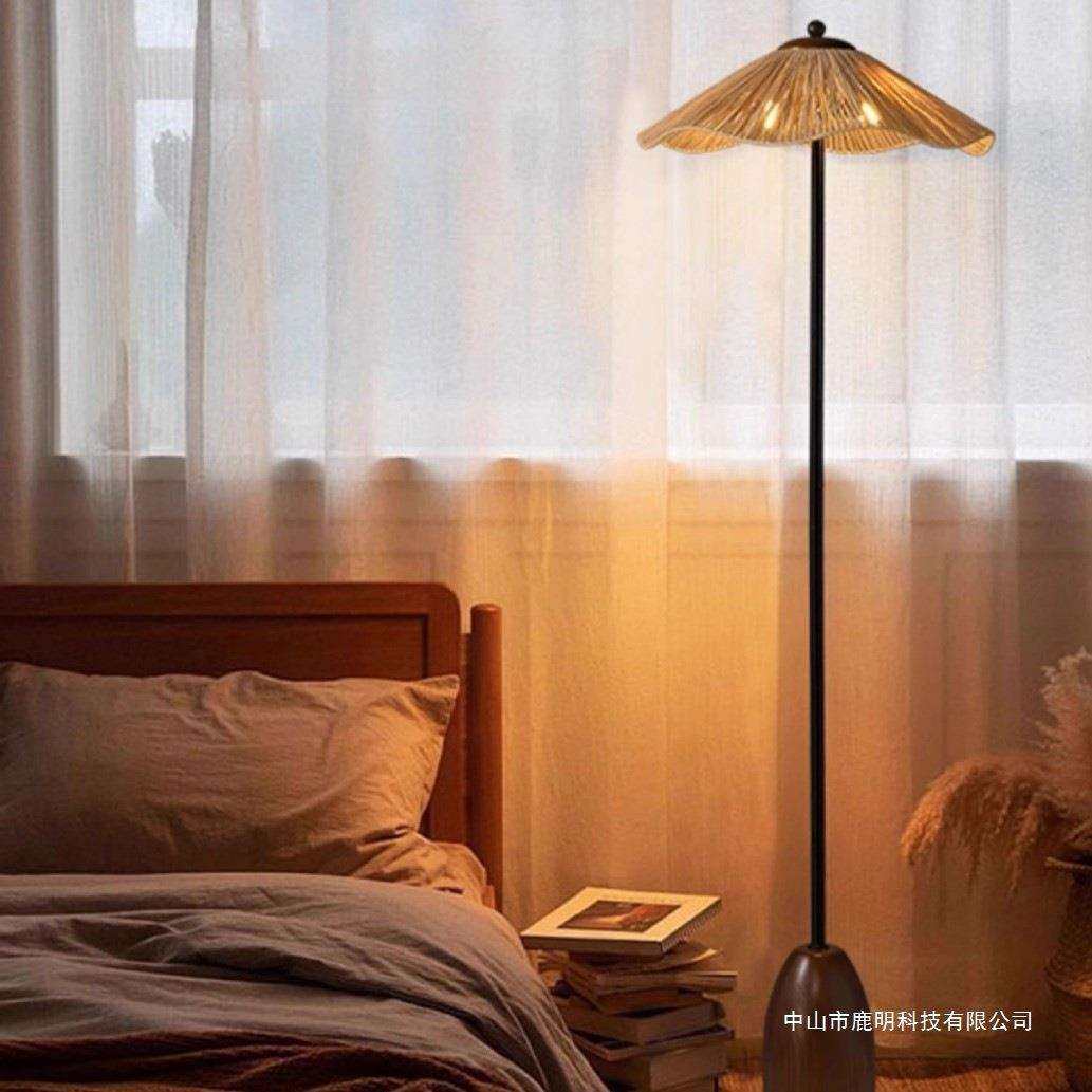 中古风原木复古实木草编落地灯客厅沙发旁氛围灯室床头落地灯台灯