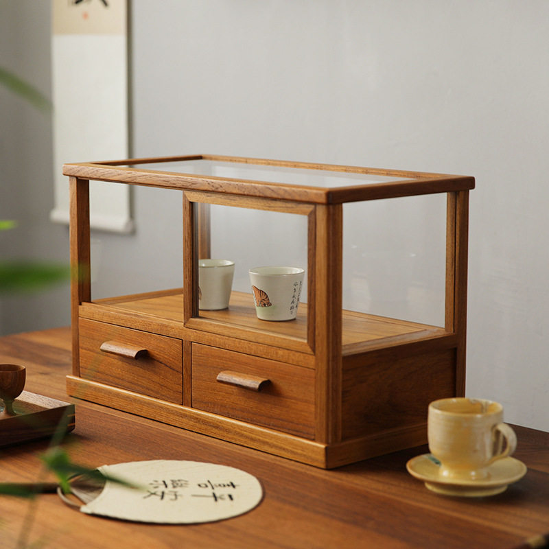 缅甸柚木复古桌面收纳展示柜黑胡桃带抽屉实木茶具器皿玻璃展示柜