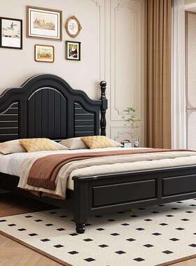 1.5/1.8米中古风黑色实木床主卧美式双人大床气压高箱储物婚床