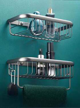 枪灰色全铜浴室置物架卫生间长方形网篮带毛巾杆壁挂收纳架沥水篮