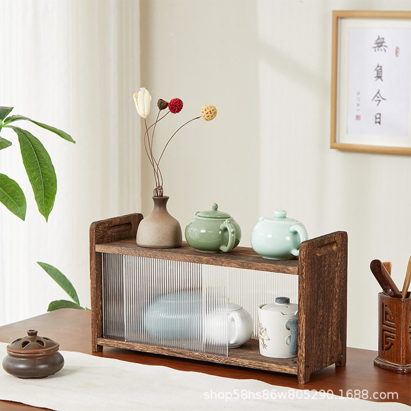 桌面实木茶壶双层置物架泡桐木茶杯防尘收纳盒带门杂物茶具收纳盒
