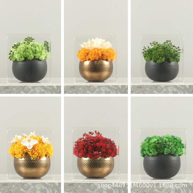现代轻奢仿真花艺绿植玻璃插花器客厅餐桌售楼处洽谈桌面软装摆件