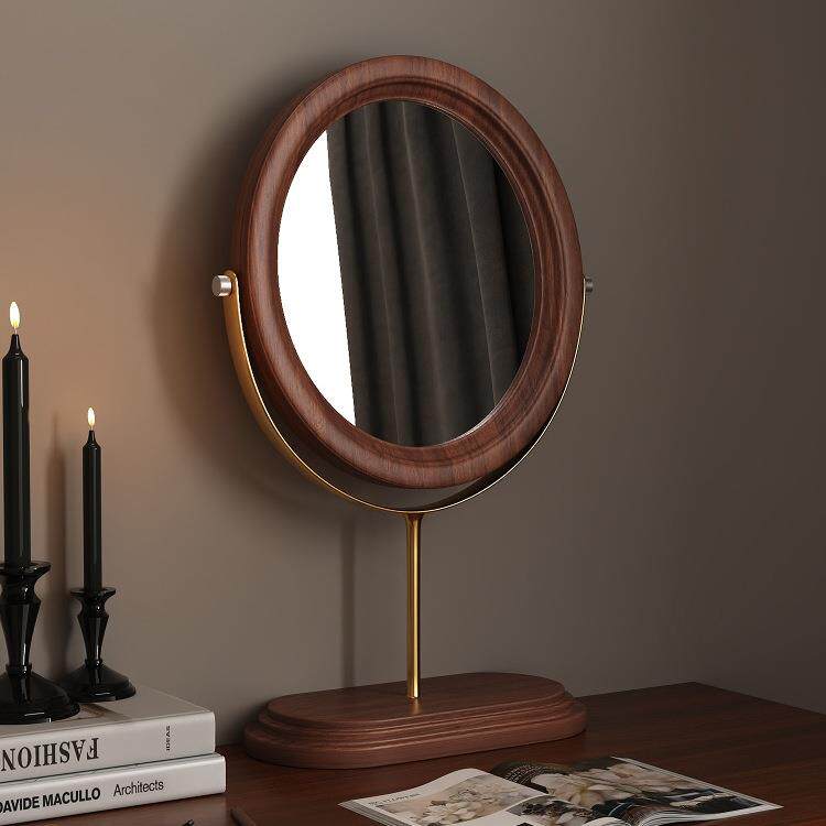 实木镜子中古风化妆镜台式桌面家用高清大号圆镜卧室梳妆台梳妆镜