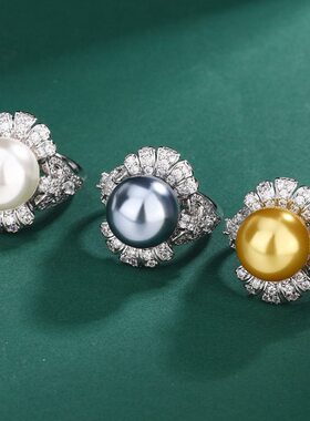 华优美首饰仿天然珍珠戒指法式花朵镶钻水晶珍珠食指戒黄贝珠戒指