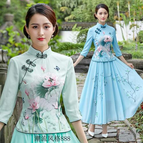 春夏旗袍改良版上衣印花两件套中国民族风文艺复古唐装中式汉茶服