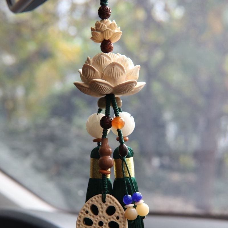 莲花车挂 黄杨藕片桃木莲花纯手工编制汽车挂件Q平安车饰 汽车饰