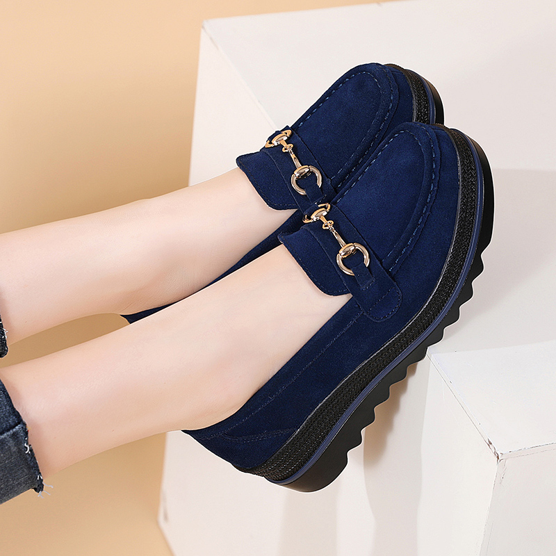 2025新款秋季真皮坡跟厚底舒适松糕鞋休闲摇摇鞋一脚蹬浅口工作鞋