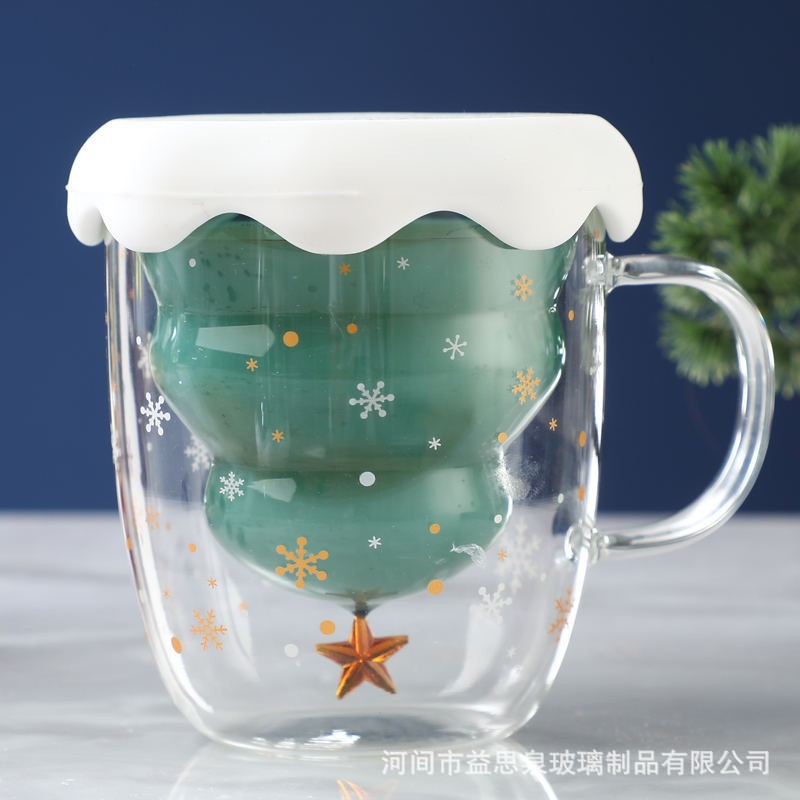 创意圣诞树造型果汁杯彩色内胆星愿咖啡杯带把手高硼硅玻璃双层杯
