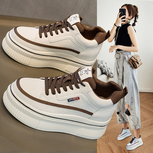 内增高女鞋2023年流行春天配裙子阔腿裤的鞋子厚底8cm真皮小白鞋