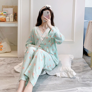 哺乳睡衣夏季薄款纯棉绸超薄凉快产后I产房哺乳上衣夏天长袖孕期