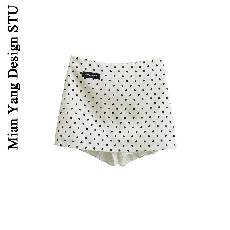 棉洋 韩系复古白色小波点短裙女夏高腰显瘦a字半身裙子小众包臀裙