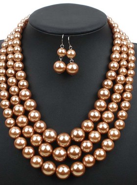 多层珍珠项链耳环连件套女时尚百搭夸张复古锁骨链礼服配饰毛衣链