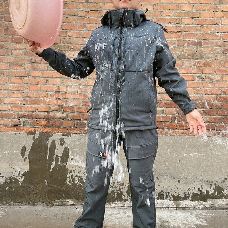 秋冬加绒加厚防水工作服男女工装户外连帽冲锋衣套装抗污耐脏劳保