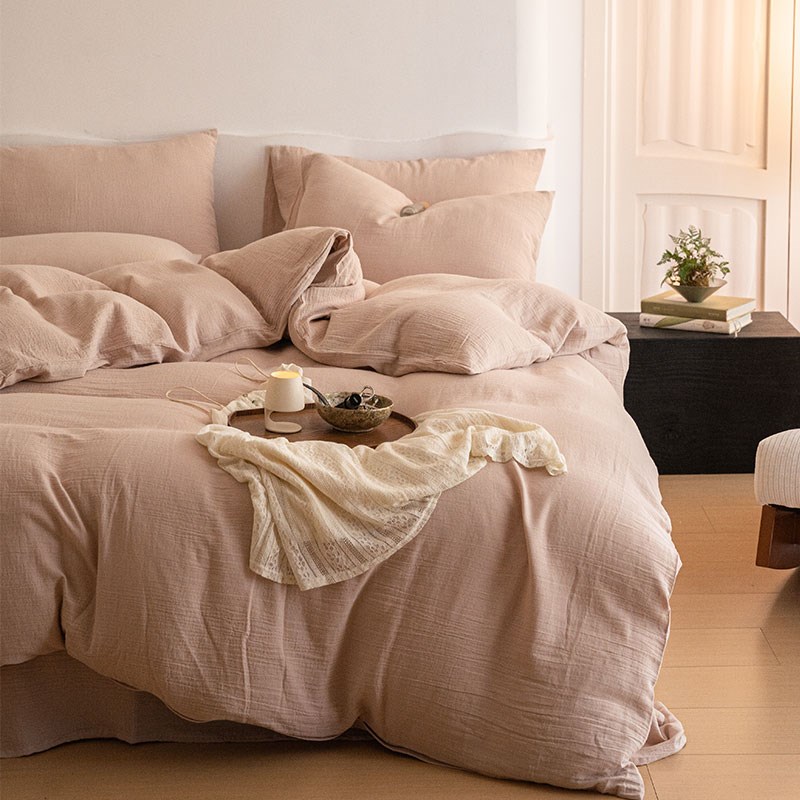 简约A类全棉双层纱布四件套皱皱纱纯棉被套床单床笠款100床上用品