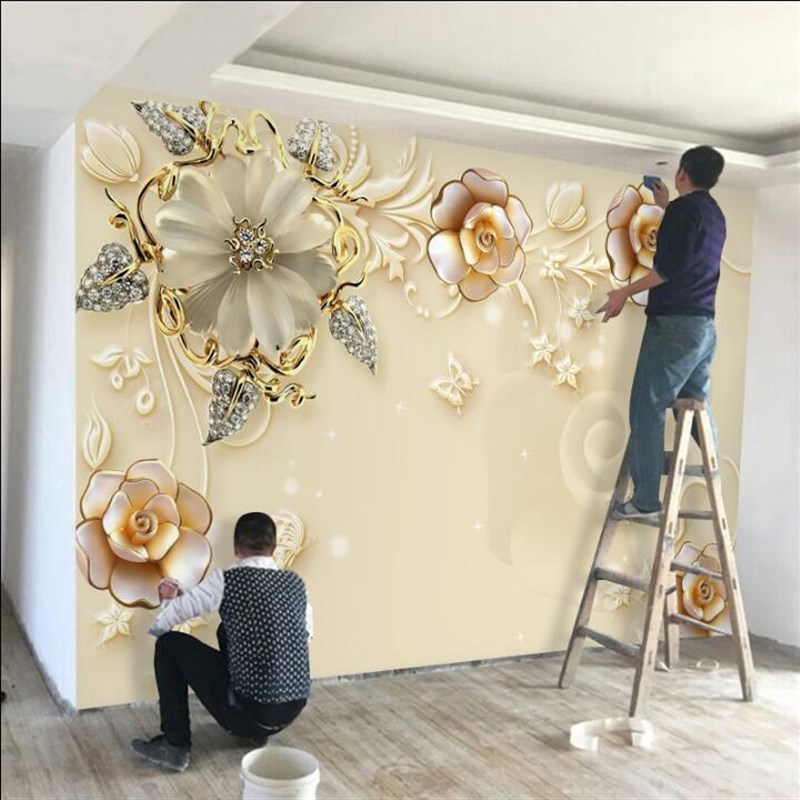 欧式3D金色花卉壁画客厅8d电视背景E墙壁纸5d大气简约现代影视墙