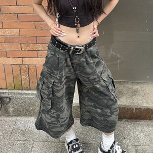 美式复古迷彩牛仔七分裤女夏季辣妹炸街低腰宽松多口袋工装短裤潮