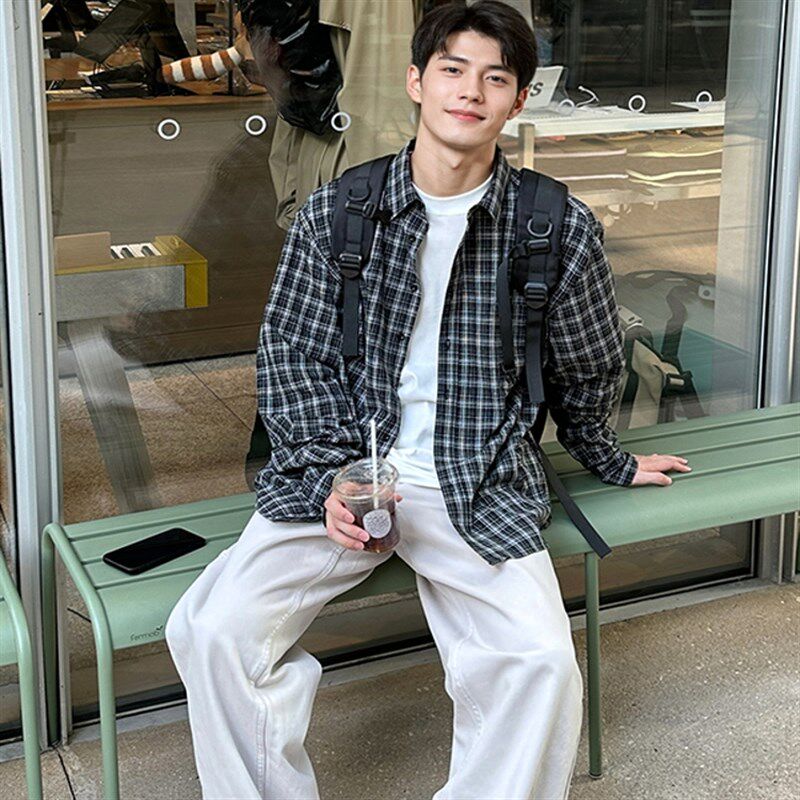 黑格子长袖衬衫男休闲宽松衬衣日系慵懒风垂感春秋韩版上衣外套