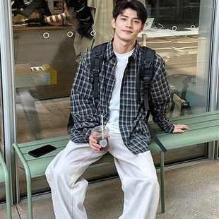 黑格子长袖衬衫男休闲宽松衬衣日系慵懒风垂感春秋韩版上衣外套