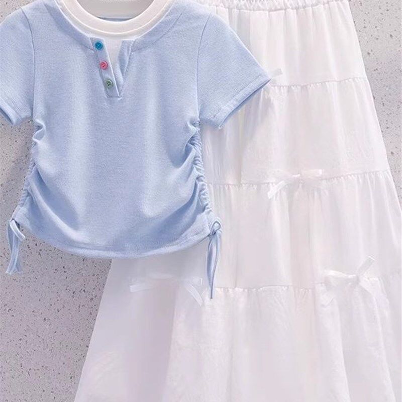 女童夏装超好看裙子套装2025新款薄款洋气女童假两件短袖半身长裙