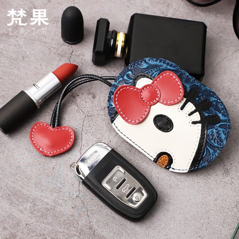 手工真皮钥匙包女士可爱卡通抽拉式汽车钥匙包头层牛皮家用锁匙扣